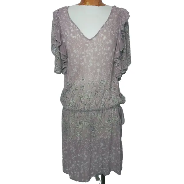 Pinkerton Women's Large Purple 100% Silk Drop Waist Ruffle Sleeve Sheer Dress