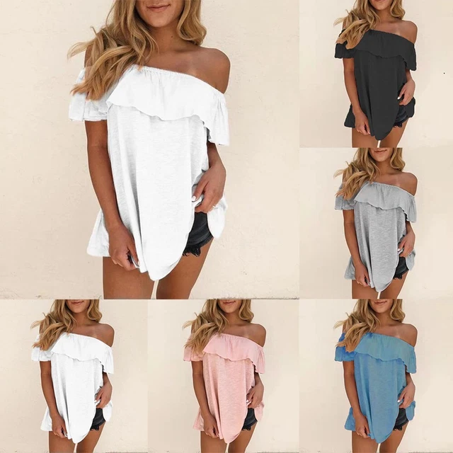 Donna Top Maglietta Cuasal Elegante Vestito a Zampa con Spalle Scoperte a Balze