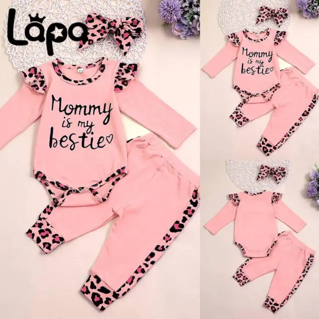 Lapa 3PCS Newborn Baby Girls Leopard Bodysuit Romper Tops Pants Headband Outfits