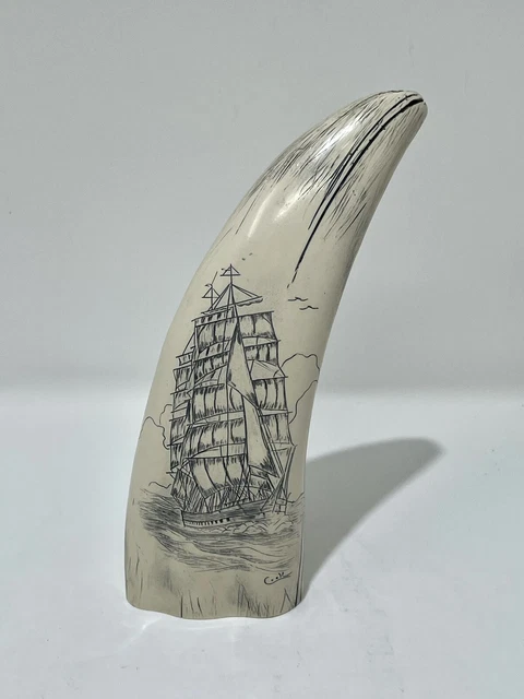 Faux Whale Tooth Scrimshaw Olde World Sailing Ship Replica