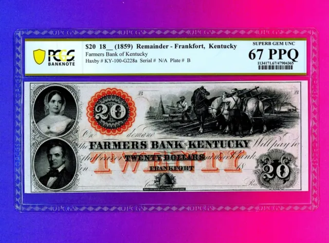 $20 Farmers Bank of Kentucky Frankfort KY OBSOLETE PCGS 67 PPQ TOP POP FINEST