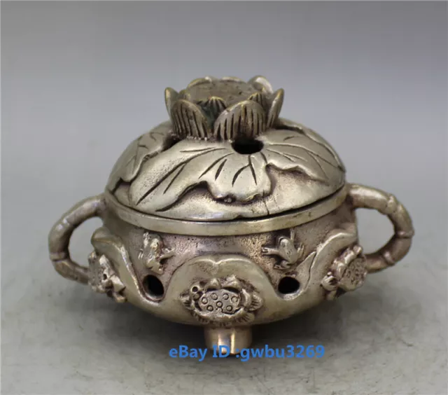 Collection Tibetan silver Hand carved lotus Incense burner w Xuande mark 22031
