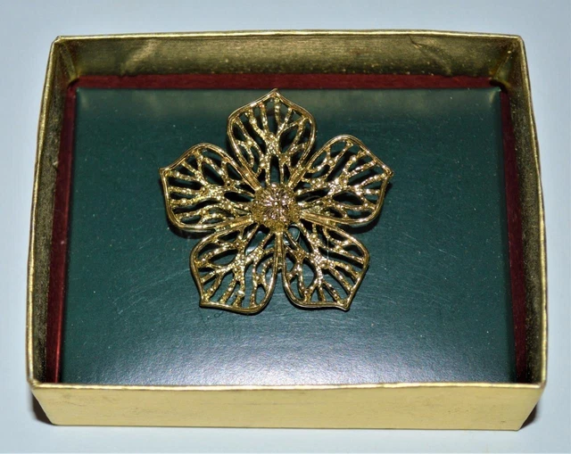 Broche Vintage Signée Avon - Fleur Et Feuille Métal Doré, Cristaux Roses, Occasion