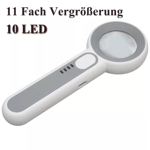 10 LED Lupe Leselupe mit Licht Beleuchtung 11fach Vergrößerungsglas Juwelierlupe