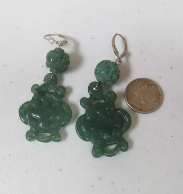 Vintage Sterling Silver Carved Green Apple Jade Drop Dangle disc Earrings 925