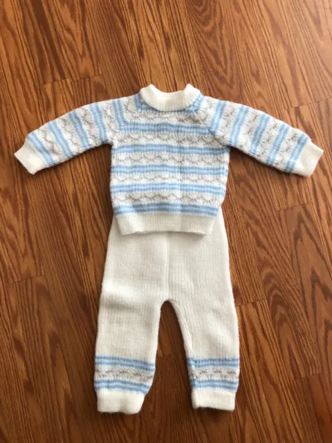 Vintage  Baby Boys Blue Sweater knit 2 PC. outfit Size 9 mo.