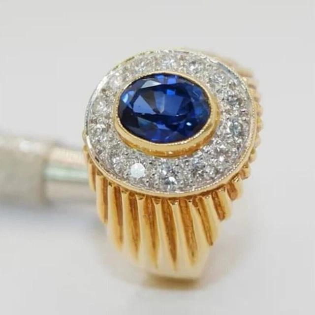 Genuine Sapphire & Moissanite 14K Yellow Gold Halo Engagement Ring For Men's