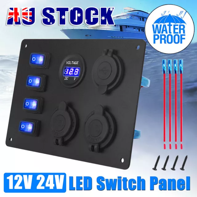 4 Gang 12V Switch Panel Rocker USB ON-OFF Toggle Marine Boat Truck Waterproof AU