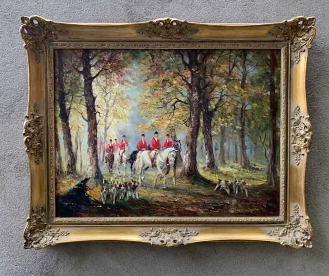 Herzog Öl Gemälde auf Leinwand Jagd Pferde Herbstritt Barockrahmen aus Nachlass