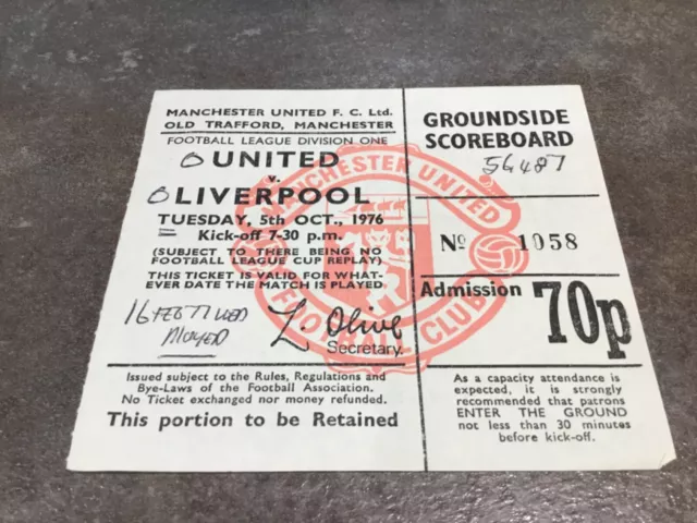 Manchester United v Liverpool 16 February 1977 Match Ticket