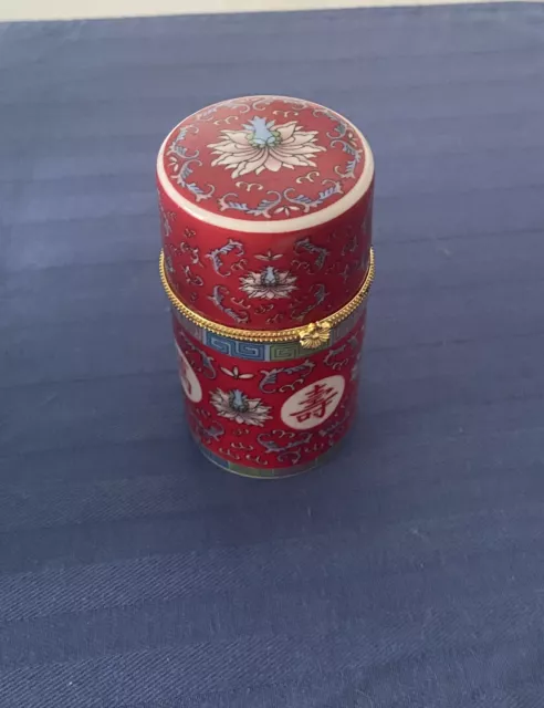 Chinese WY Porcelain Toothpick Holder Trinket Box Pot Hinged Lid Red Traditional