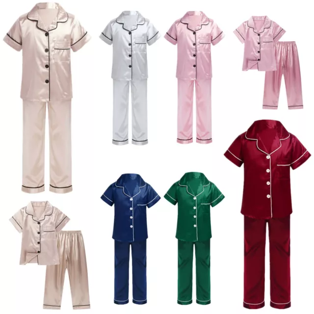 Girls Boys Short Sleeve Button Down Silk Satin Nightwear Long Pants Pajamas Set