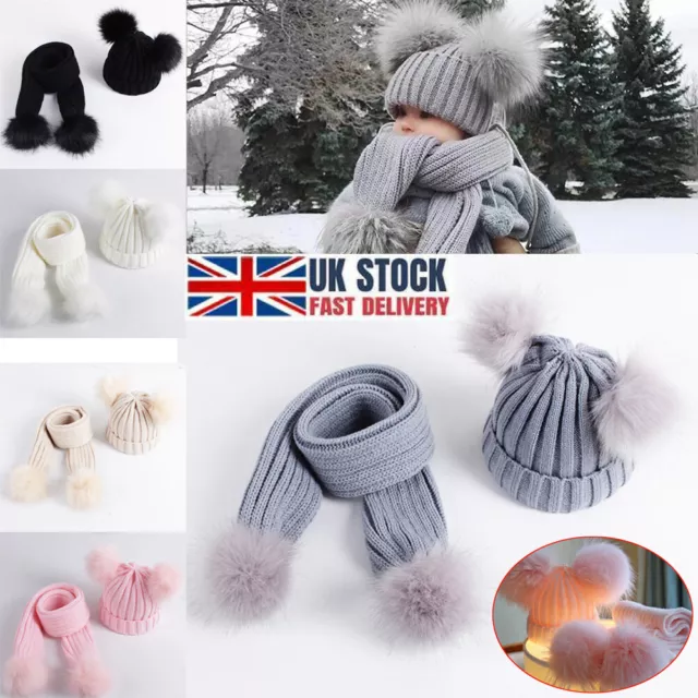 UK 2in1 Winter Warm Toddler Baby Kids Knit Hat Scarf Beanie Cap Pom Faux Fur Hat