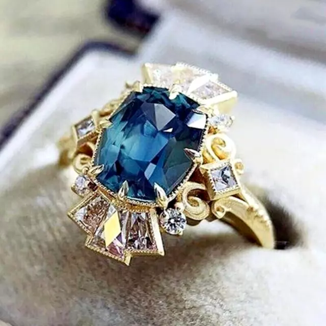 2.50CT CUSHION LAB Created London Blue Topaz Wedding Ring 14K Yellow ...