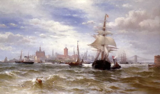 Oil painting Edward Moran City Harbor of New York with sail boats Hand painted