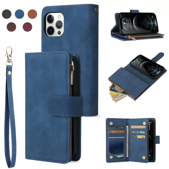 Flip Leather Wallet Card Case For iPhone 14+ 15 13 11 12 Pro Max XR SE Zip Cover