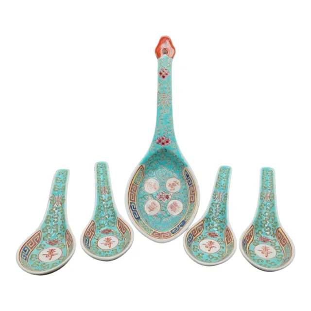 Vtg Set 5 Mun Shou Tuquoise Longevity Porcelain Asian Chinese Soup Rice Spoons