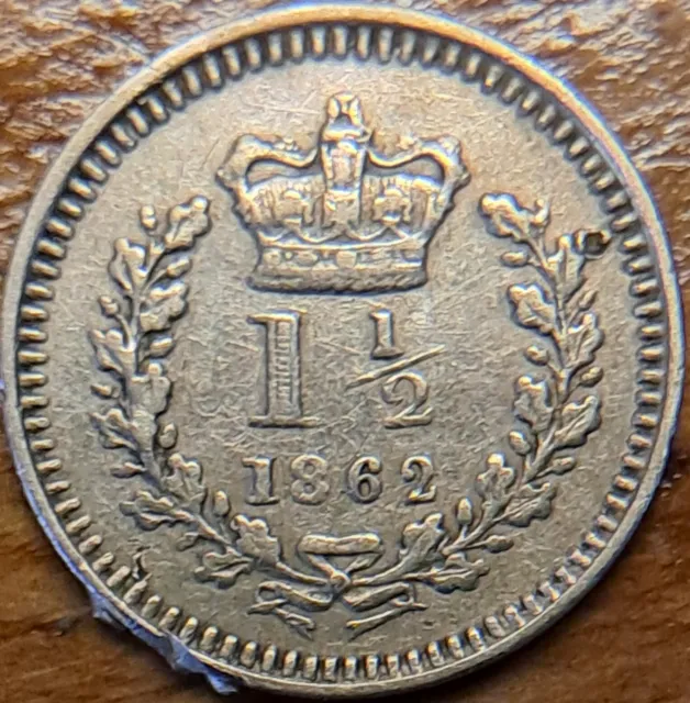 1862 Queen Victoria Young Head Three-Halfpence 1.5d 0.7g Sterling Silver