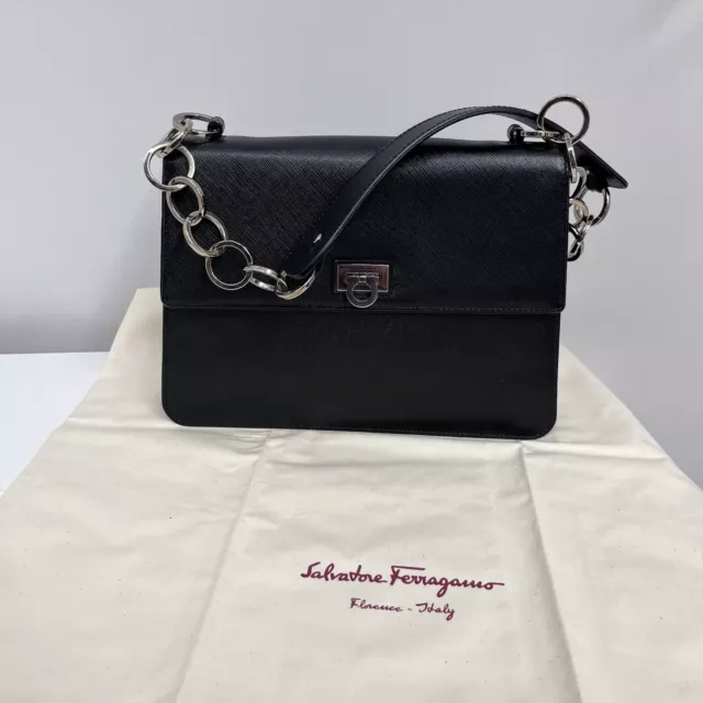 Salvatore Ferragamo Leather Gancini Purse Shoulder Bag Black Silver Metal Rings