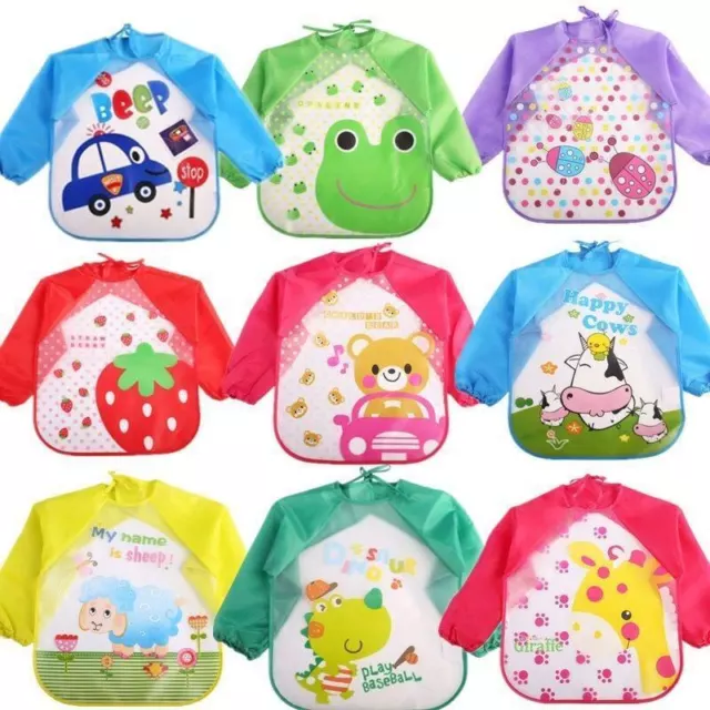 Baby Kids Bibs With Full Long Sleeve Baby Toddler Weaning Feeding Apron Smock