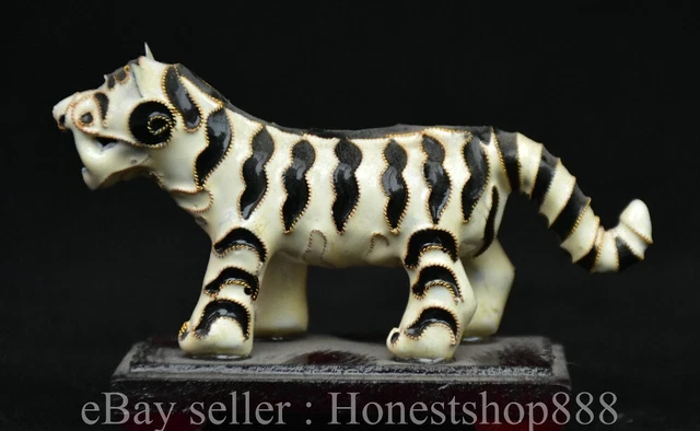 3.6" Old Chinese Copper Cloisonne Fengshui 12 Zodiac Year Tiger Statue Sculpture