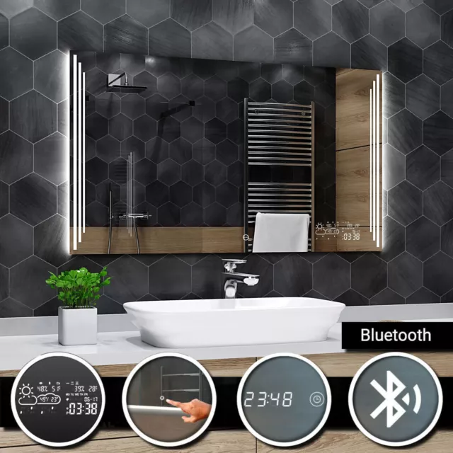 Praga ILUMINADO LED Espejo Del Baño Bluetooth Táctil Reloj Clima