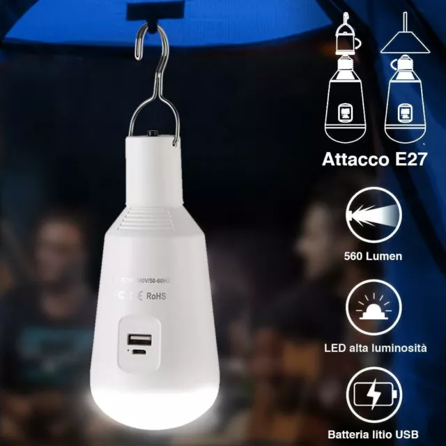 LAMPADINA A BATTERIA USB E27 Luce Led Lampada Emergenza Campeggio