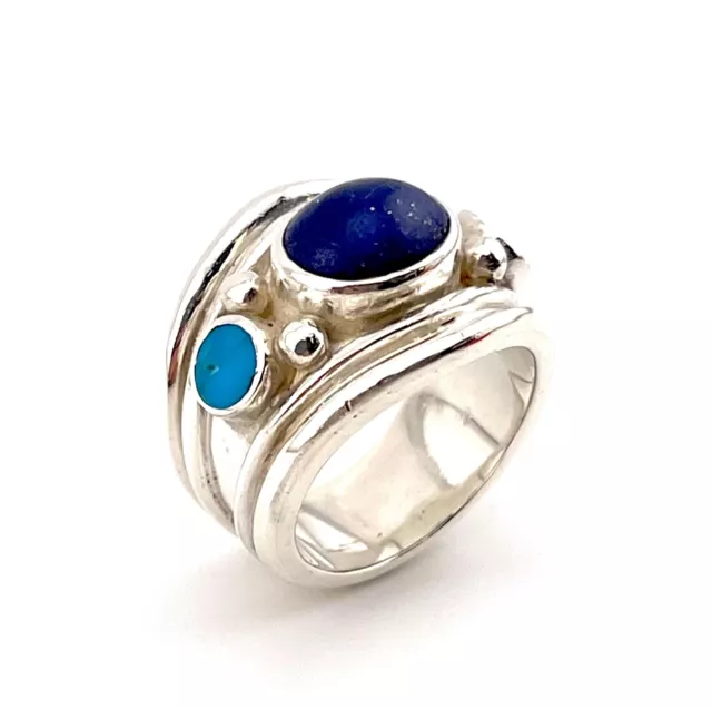 massiver Silberring mit Lapis Lazuli und Türkis Ringweite 55