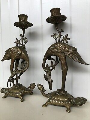Exceptional Pair of  Bronze/Brass Crane & Turtle Statues with candlestick ca1920
