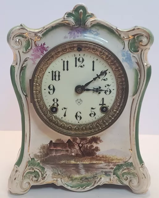 Antique Working ANSONIA "La Cumbre" Royal Bonn Victorian Porcelain Mantel Clock