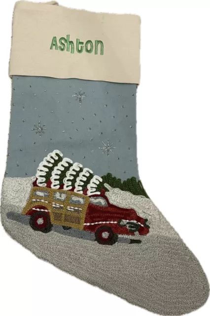 Pottery Barn CHRISTMAS TREE Holiday Truck Icons Crewel Stocking Mono “Ashton” 18