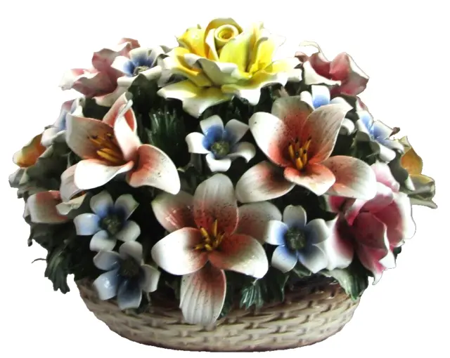 Vintage HUGE Capodimonte Porcelain Basket Flowers Italy Hand Painted Roses 20"