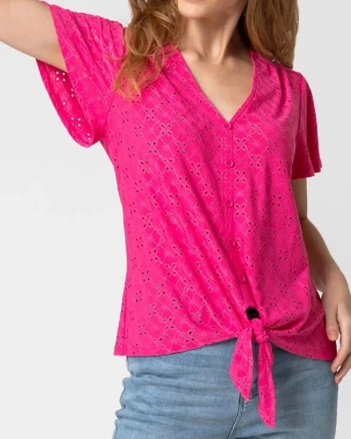 Ladies Size 14 Roman Fuschia Pink Broderie Anglaise Tie-front Top Short Sleeve Ladies Size 14 Roman Fuschia Pink Broderie Anglaise Tie-front Top Short Sleeve