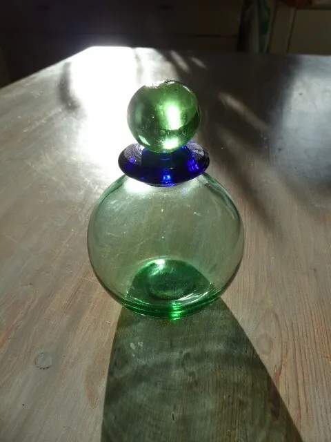 Vintage, Antique perfume bottle hand blown art glass green and blue with stopper
