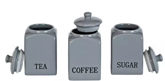Ceramic Canister Coffee Tea Sugar Lid Kitchen Jar Storage grey container gift  3