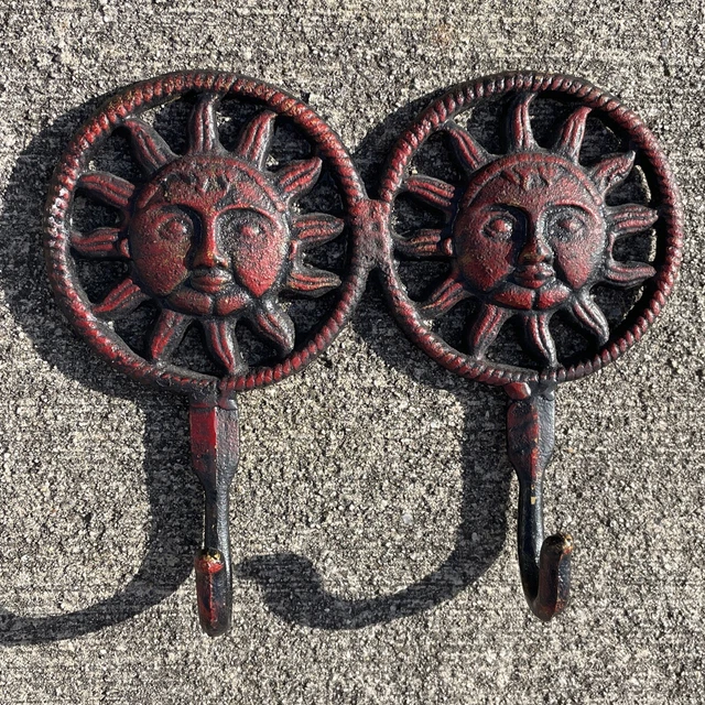 Red Wrought Iron Cast SUN CELESTIAL Double Hook Coat Wall Rack Vintage❤️blt7j1 5