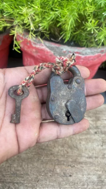 Antique Old Aged Small Iron Forged Padlock With Key Good Working Condition Lock 2