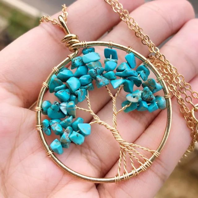 Turquoise Gem Tree Of Life Water-Drop Necklace Chakra Reiki Healing Amulet