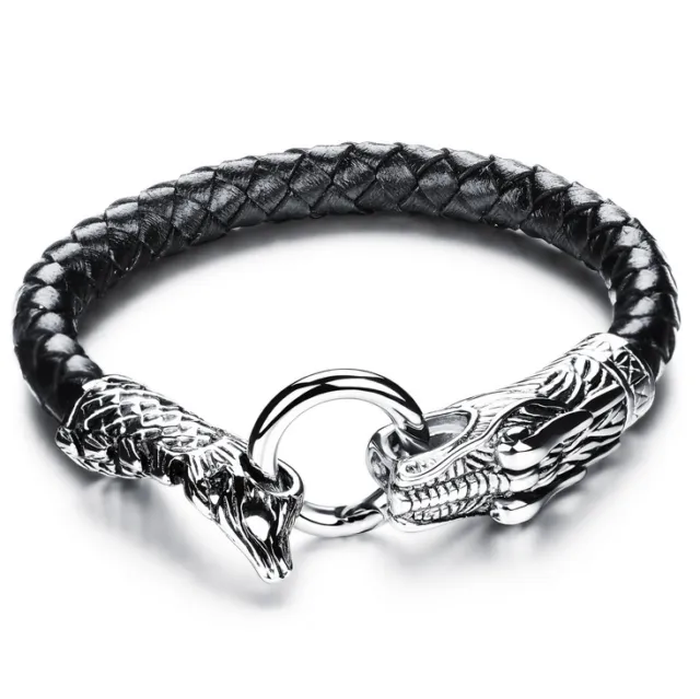 Mens Dragon Black Genuine Leather Wristband Bracelet Stainless Steel Surfer