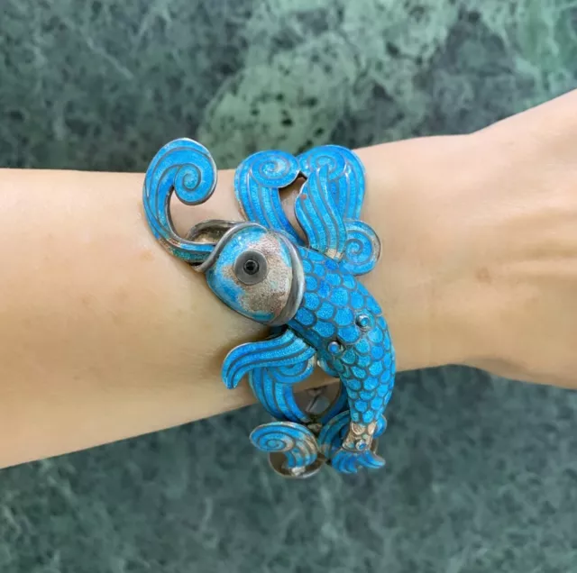Vintage Blue Enamelled Mexican Sterling Silver Fish Bracelet by Margot de Taxco