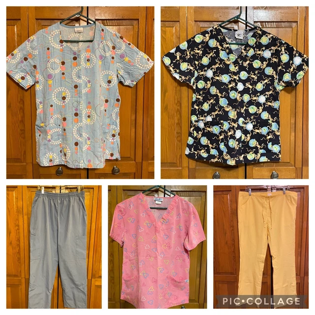 Size Medium Scrubs Uniform Lot -- 2 pairs of pants & 3 short sleeved tops EUC