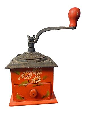 Vintage Dovetail Wood Ornate Cast Iron Top Hand Crank Coffee Grinder with Drawer