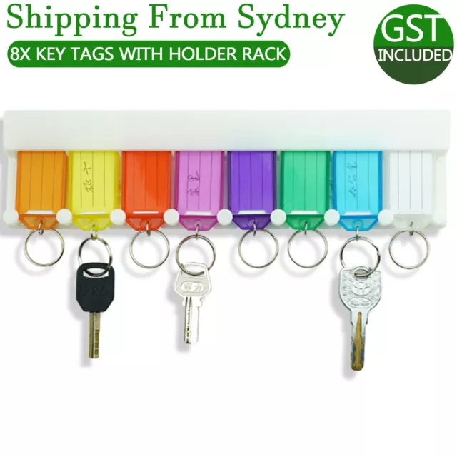 8X Key Tags With Holder Rack Keys Rings Hook Storage Label Wall Mount Organiser