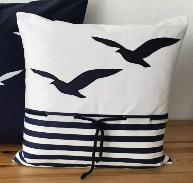 1Maritime Kissenhülle*Kissenbezug Landhausstil*Möwen*weiß/blau gestreift 40x40cm 2