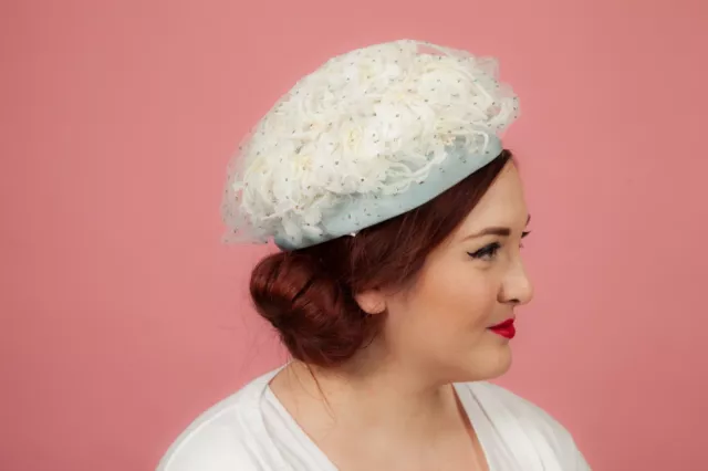 Beautiful vintage white tulle covered silk flower pearl beaded pillbox hat