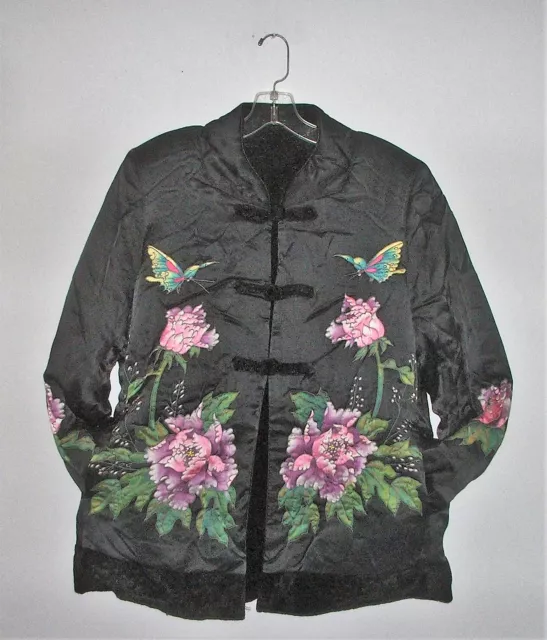 Black Satin Chinoiserie Jacket-Flowers & Butterflies-Reversible to Fleece-Medium 2