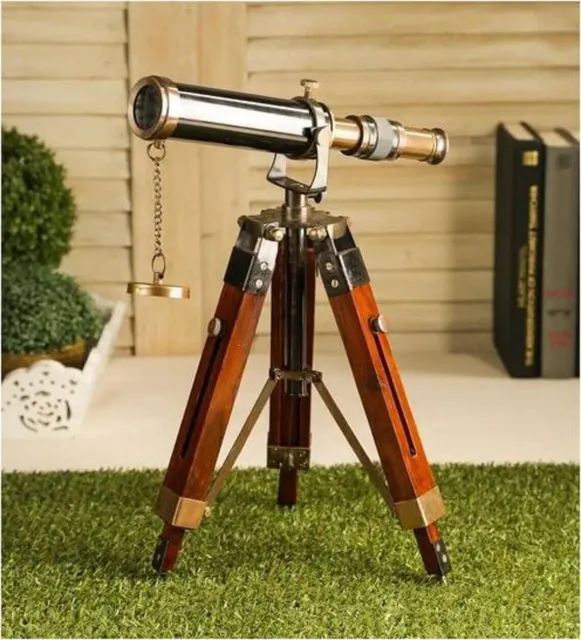 Nautical Brass & Antique Telescope Magnifier Opticals Lens with Wooden Tripod St