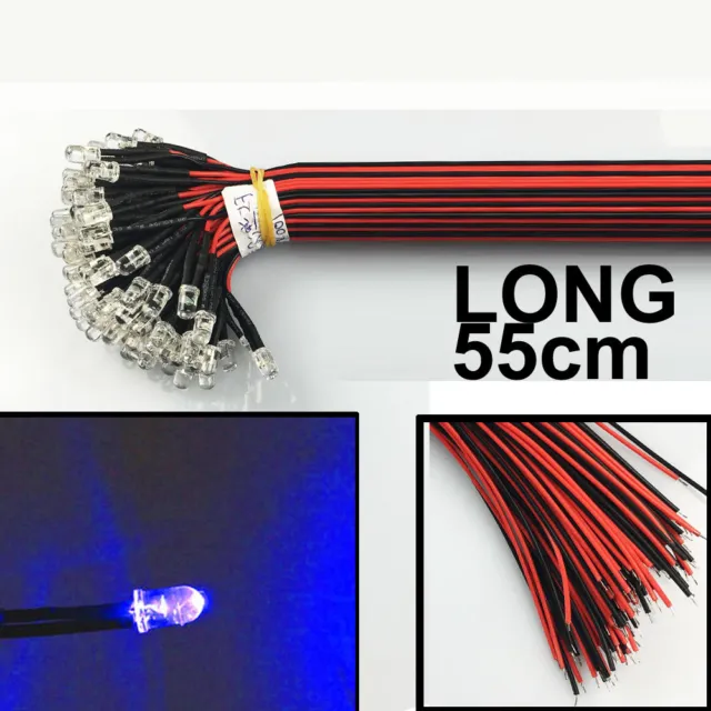 US Stock 100 Pre Wired 5mm LED Blue 55cm Prewired 12v Light Emitting Diode