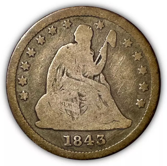 1843 Seated Liberty Quarter Good G Coin, Hairlines #5593