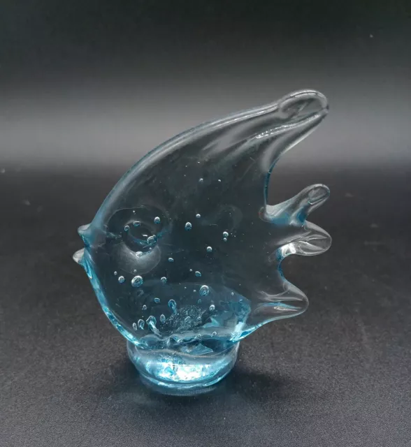 Hand-blown Clear Blue Art Glass Tropical Fish w/ Bubbles Figurine Paperweight